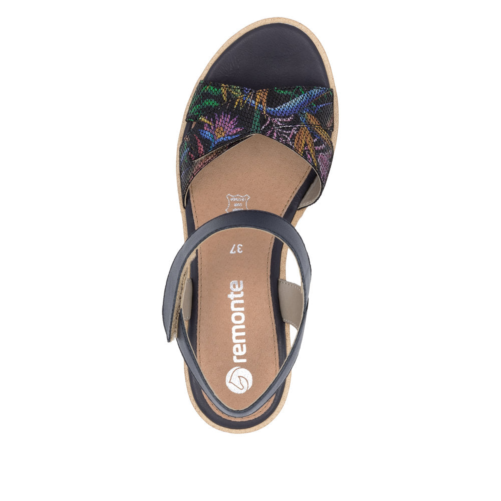 Remonte R6252-15 women's multi leather touch fastening sandals with floral pattern, cushioned insole, and adjustable straps.