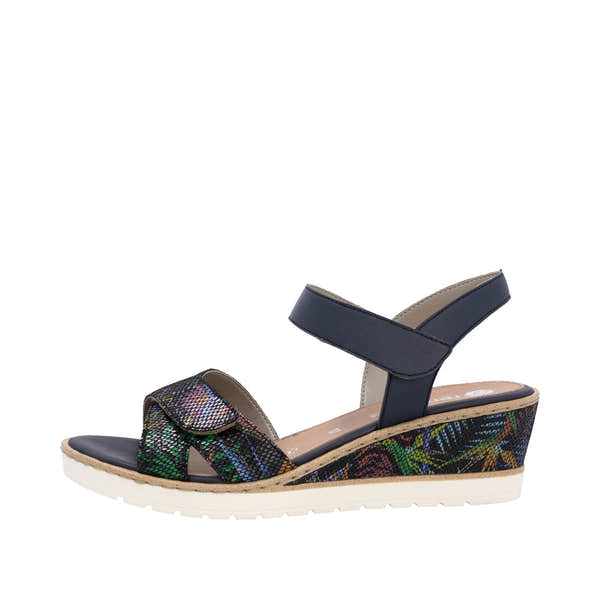 Remonte R6252-15 women's multi leather touch-fastening sandals with colorful patterned accents and wedge heel.