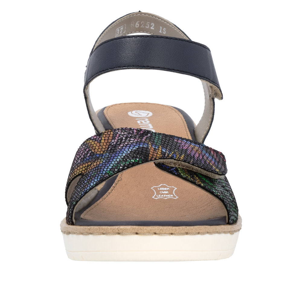 Remonte R6252-15 Ladies Multi Leather Touch Fastening Sandals with colorful snakeskin detail, cushioned footbed, and adjustable straps.