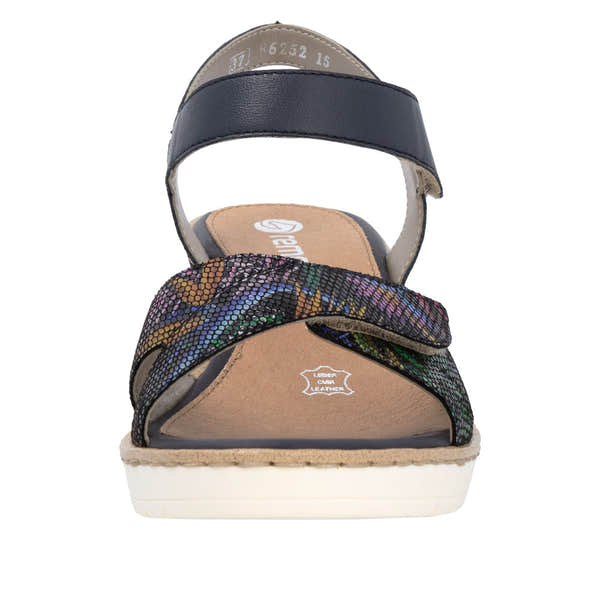 Remonte R6252-15 Ladies Multi Leather Touch Fastening Sandals with colorful snakeskin detail, cushioned footbed, and adjustable straps.