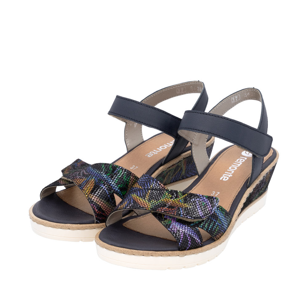 Remonte R6252-15 women's multi-colored leather touch-fastening sandals with ankle straps and wedge sole.