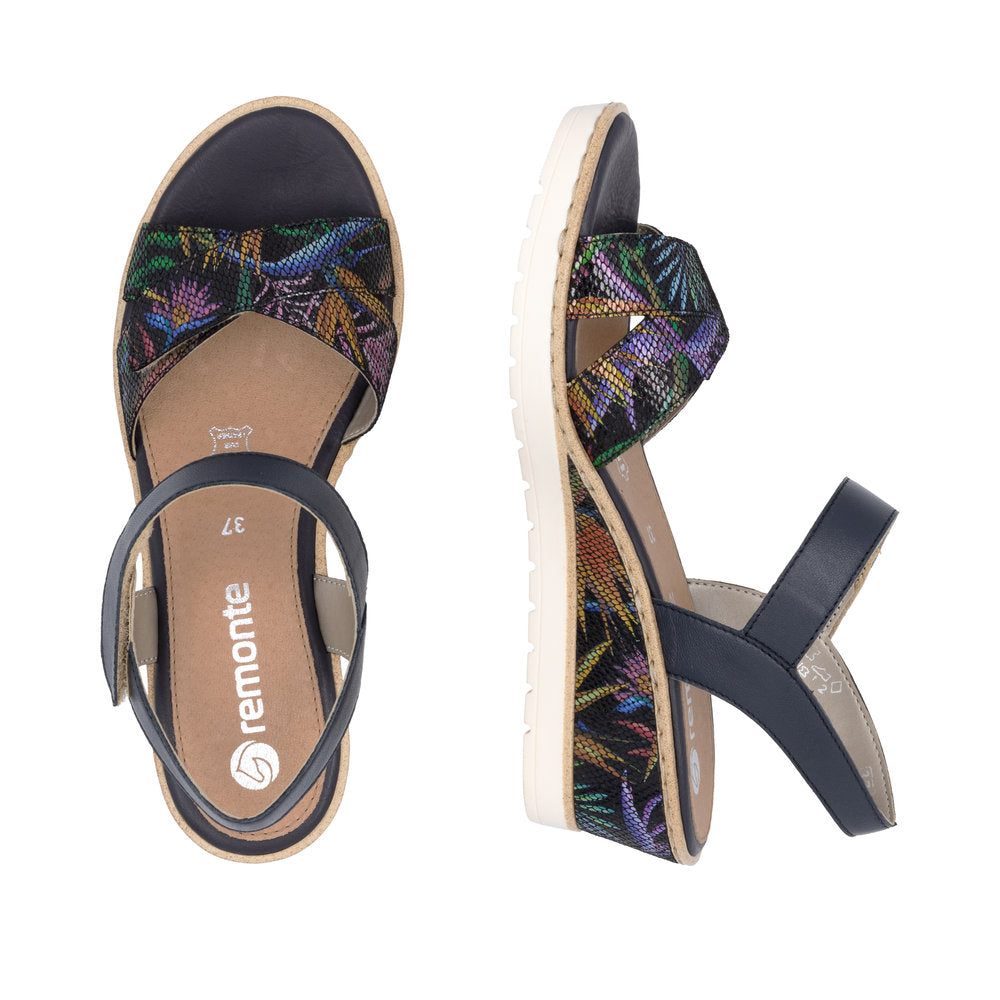 Remonte R6252-15 women's multi leather touch-fastening sandals with floral pattern, cushioned footbed, and adjustable straps.