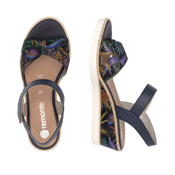 Remonte R6252-15 women's multi leather touch-fastening sandals with floral pattern, cushioned footbed, and adjustable straps.