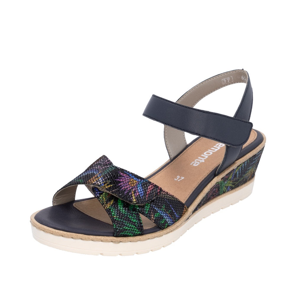 Remonte R6252-15 women's multi leather touch fastening wedge sandal with colorful reptile print straps and cushioned insole.