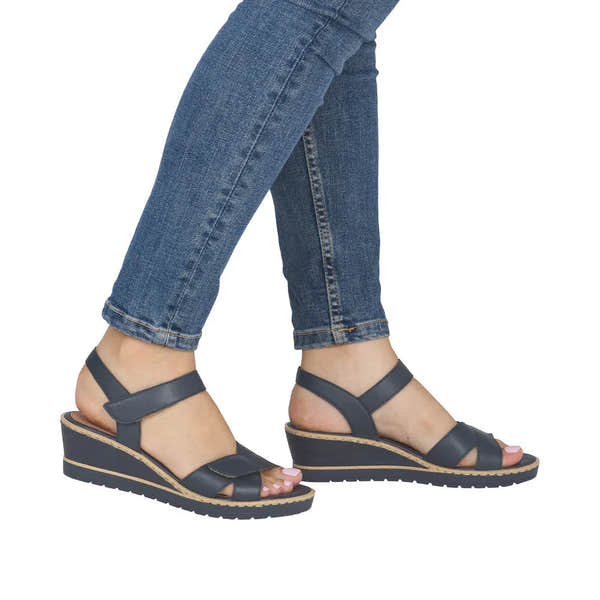 Remonte R6252-16 Ladies Pacific Navy Leather Touch Fastening Wedge Sandals with open toe and strap design.