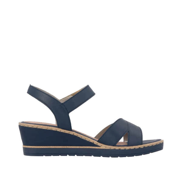 Remonte R6252-16 women's navy leather wedge sandals with touch-fastening straps and cushioned footbed.