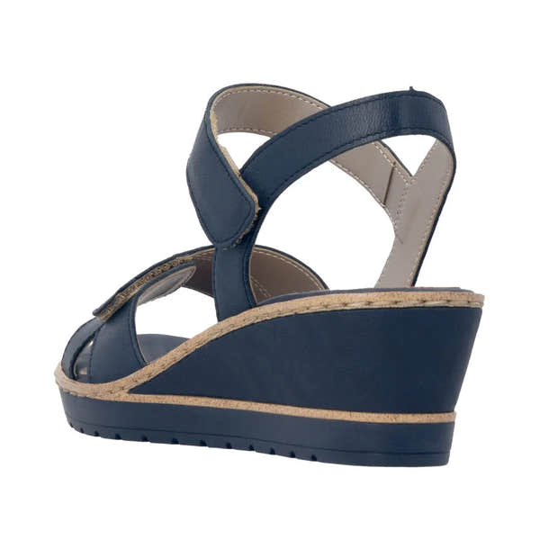 Remonte R6252-16 women's navy leather wedge sandals with touch fastening straps and cork-style wedge heel.
