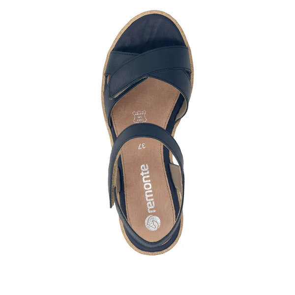 Remonte R6252-16 ladies navy leather sandals with touch fastening straps and rubber sole.