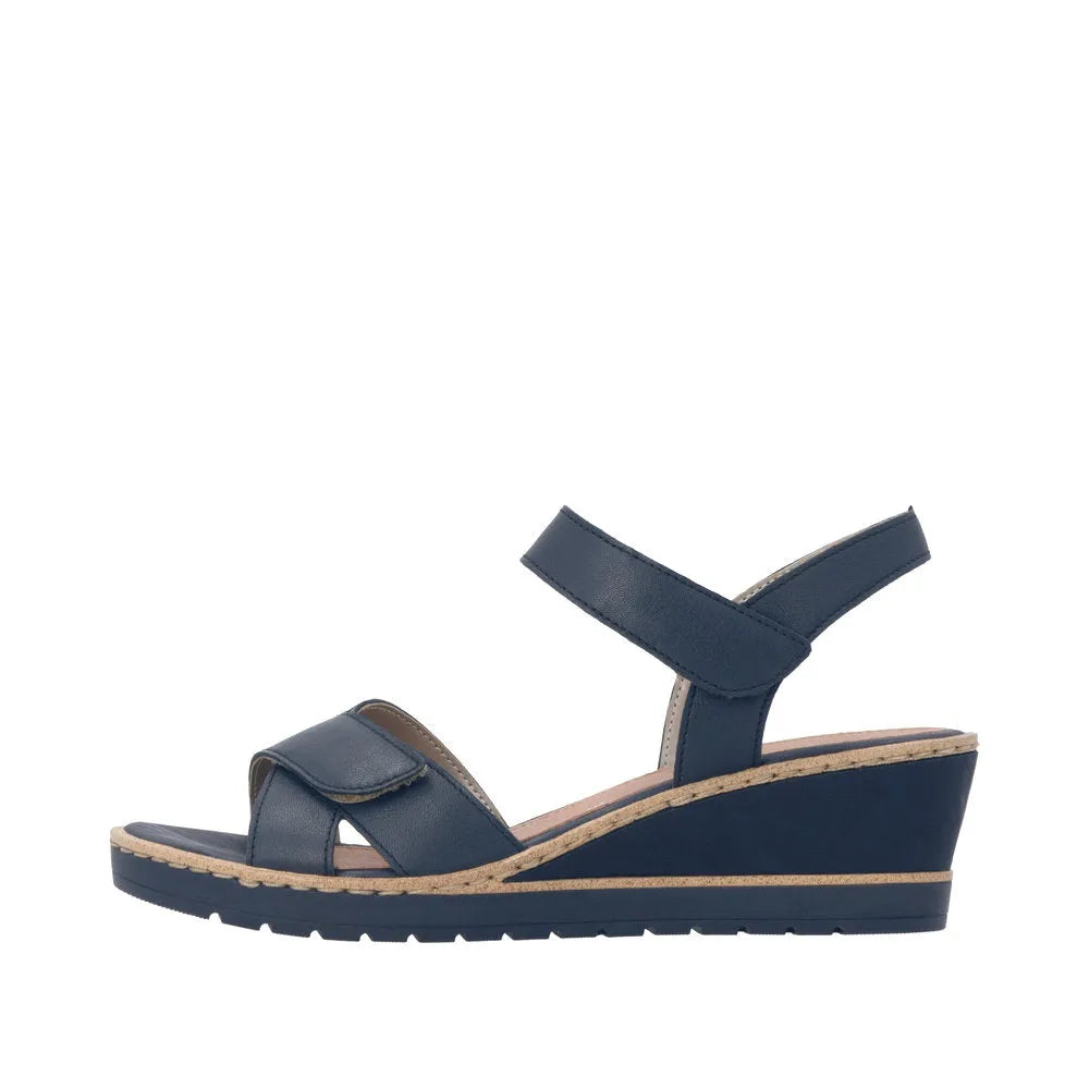 Remonte R6252-16 ladies navy leather wedge sandals with touch-fastening straps and ergonomic sole.