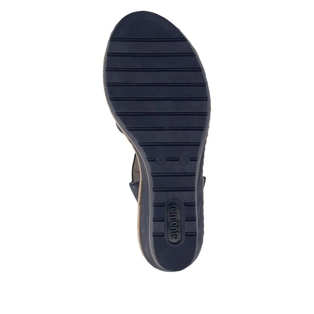 Remonte R6252-16 women's navy leather sandals with touch fastening straps and slip-resistant rubber sole.