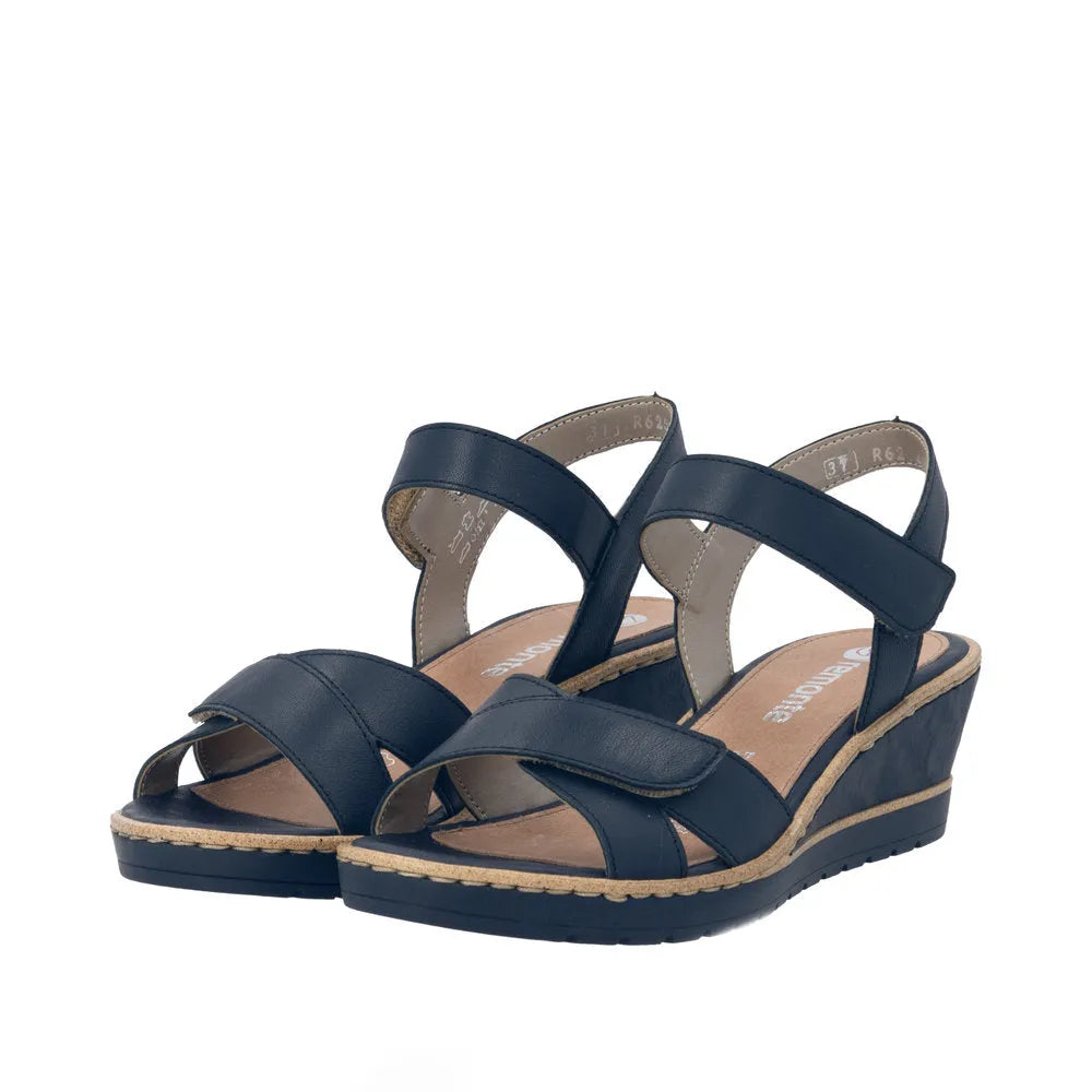 Remonte R6252-16 ladies navy leather wedge sandals with touch fastening straps and open toe design.