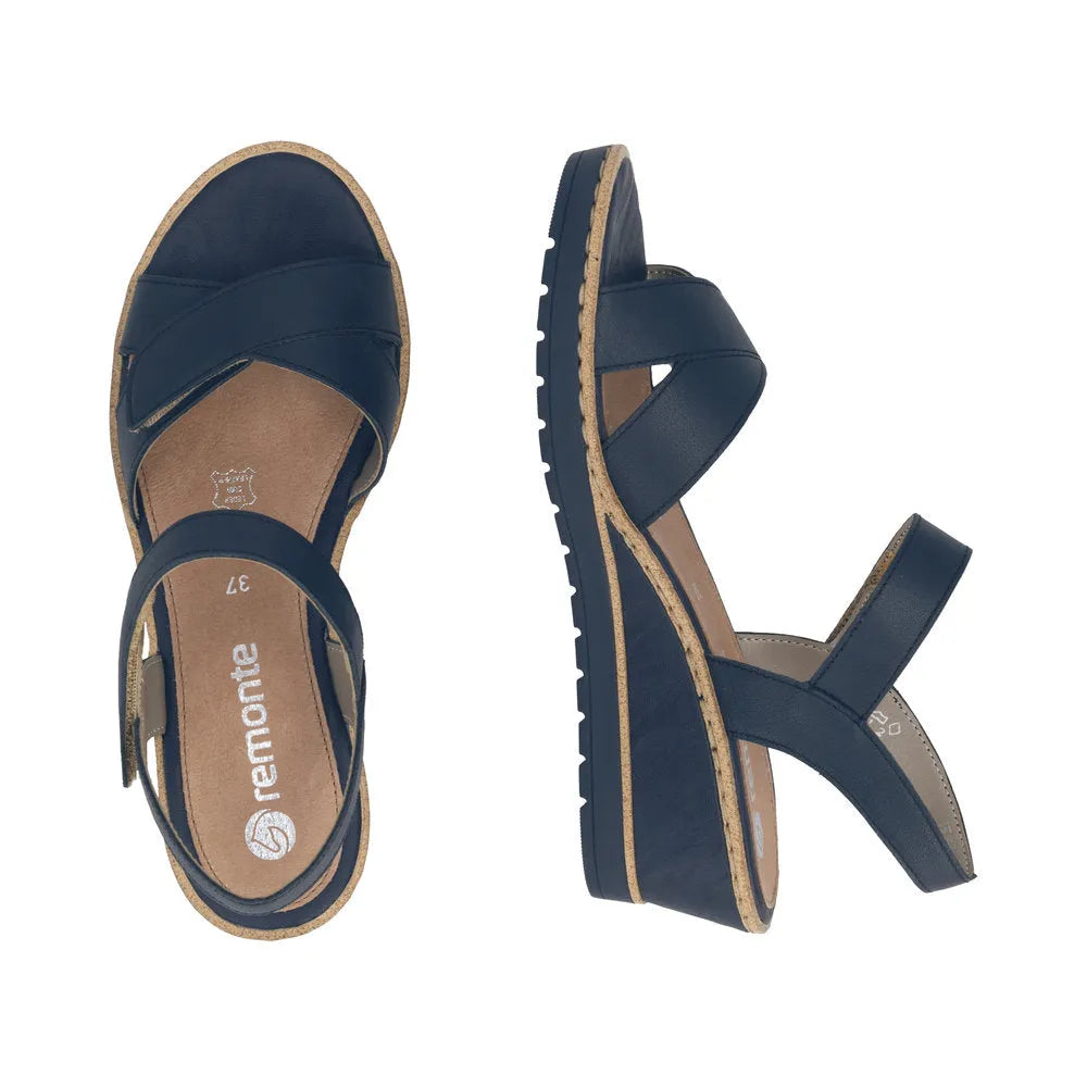 Remonte R6252-16 women's navy leather sandals with touch fastening straps and cork sole, size 37, casual summer footwear.