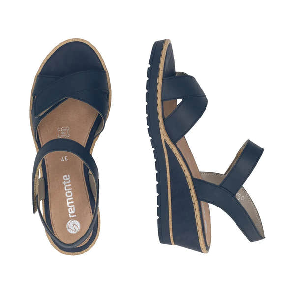 Remonte R6252-16 women's navy leather sandals with touch fastening straps and cork sole, size 37, casual summer footwear.