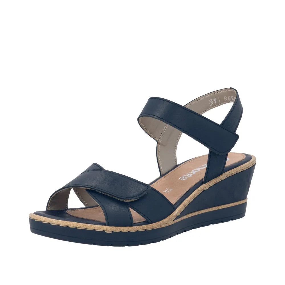 Remonte R6252-16 Ladies Navy Leather Touch Fastening Wedge Sandals with ankle straps and open toe design.