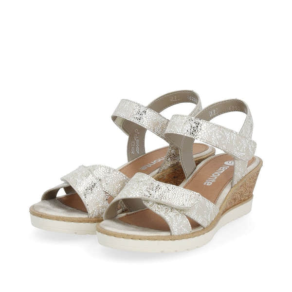 Remonte R6252-91 women's silver leather wedge sandals with touch-fastening straps and cork heel.