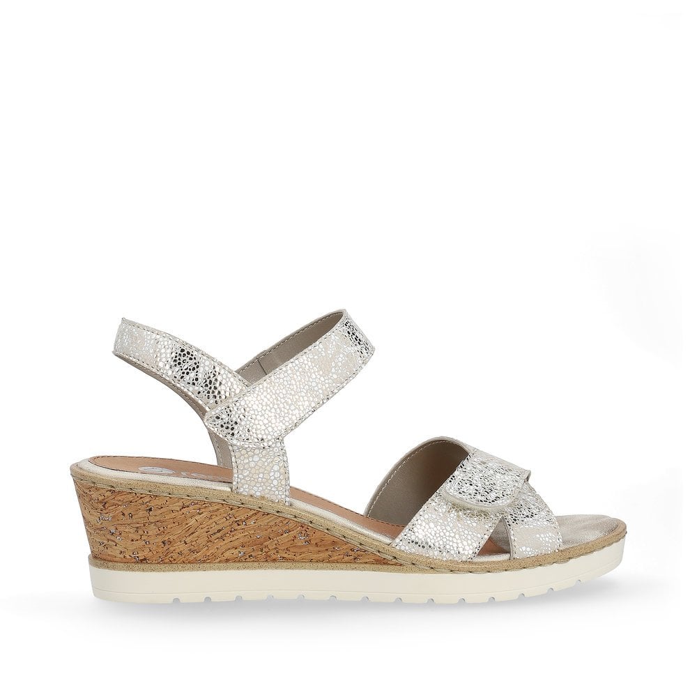 Remonte R6252-91 women's silver leather touch fastening sandals with wedge heel and cork detail.