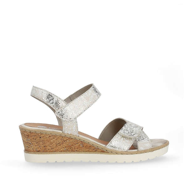 Remonte R6252-91 women's silver leather touch fastening sandals with wedge heel and cork detail.