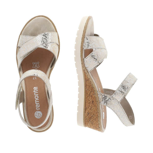 Remonte R6252-91 women's silver leather touch fastening sandals with cork wedge sole and adjustable straps.