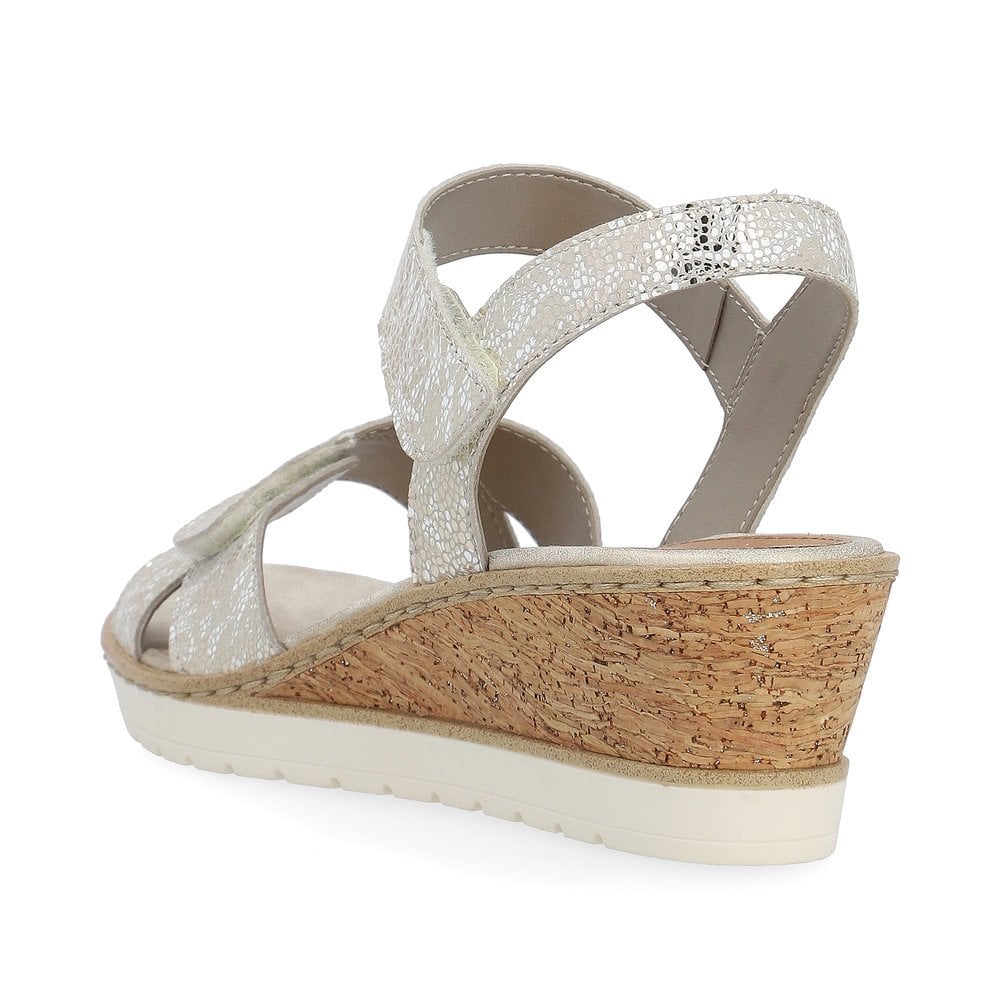 Remonte R6252-91 women's silver leather wedge sandals with touch fastening straps and cork platform heel.