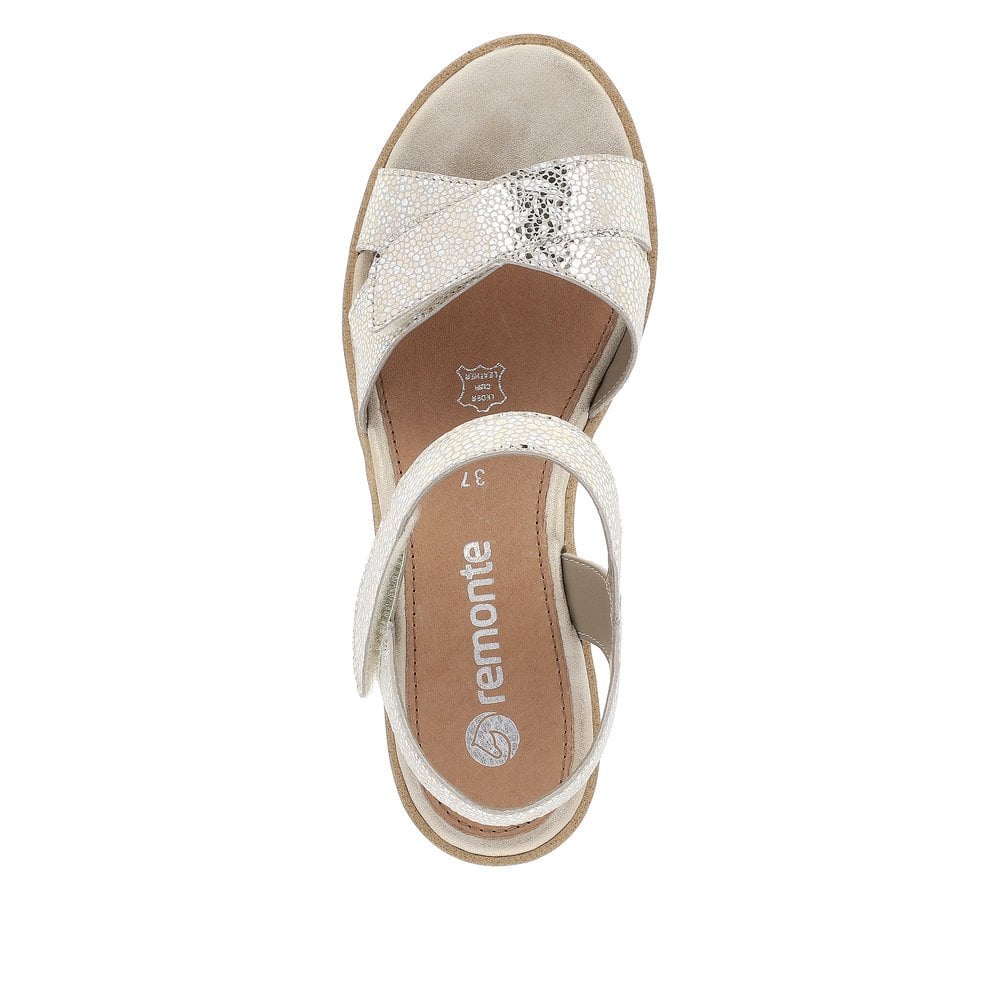 Remonte R6252-91 women's silver leather touch fastening sandals with snakeskin-embossed straps and cushioned insole.