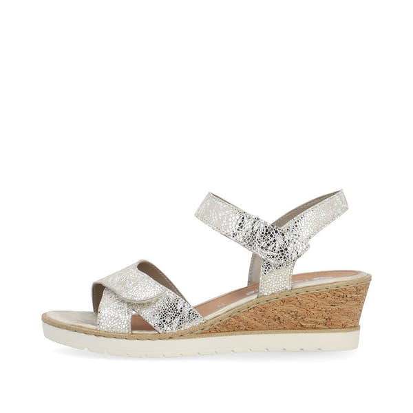 Remonte R6252-91 women's silver leather wedge sandals with touch-fastening straps and cork heel.