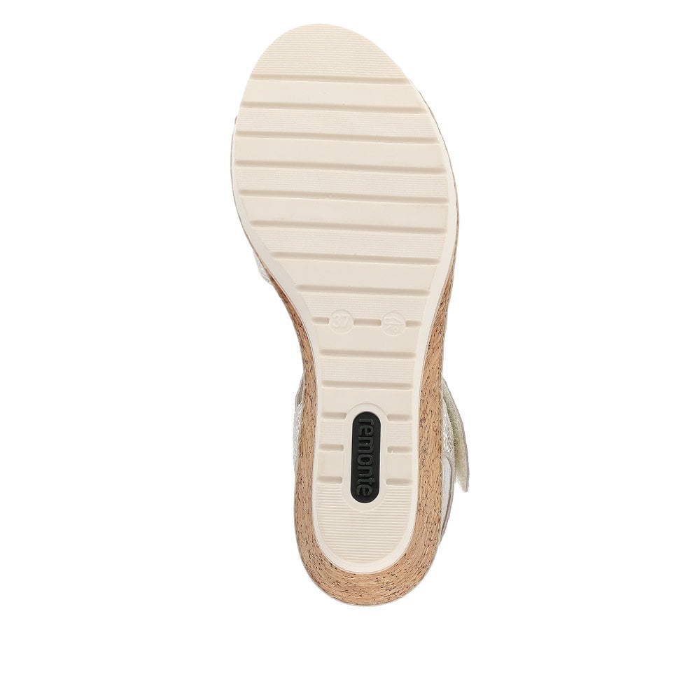 Remonte R6252-91 women's silver leather sandal with touch fastening, cushioned sole, and textured rubber outsole.
