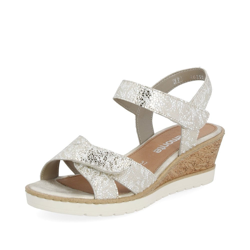 Remonte R6252-91 women's silver leather wedge sandals with touch fastening straps and cork heel.