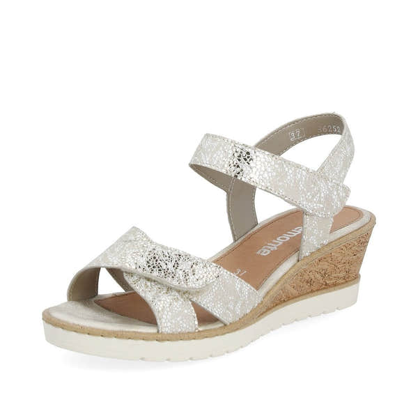 Remonte R6252-91 women's silver leather wedge sandals with touch fastening straps and cork heel.