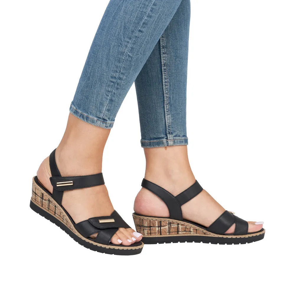 Remonte R6266-00 women's black leather touch-fastening wedge sandals with cork detail and adjustable straps.