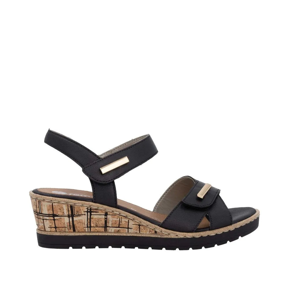 Remonte R6266-00 Ladies Black Leather Touch Fastening Wedge Sandals with cork sole and adjustable straps.