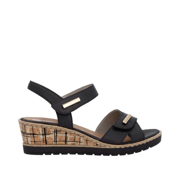 Remonte R6266-00 Ladies Black Leather Touch Fastening Wedge Sandals with cork sole and adjustable straps.