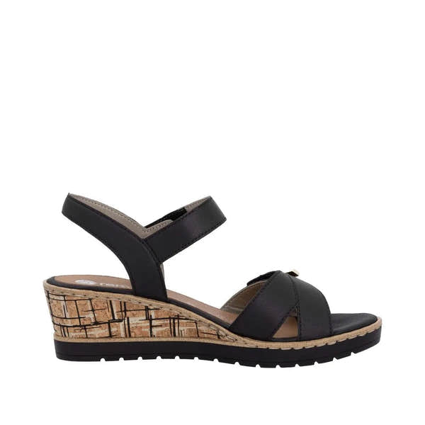 Remonte R6266-00 women's black leather touch-fastening wedge sandals with cork heel and strap closure.