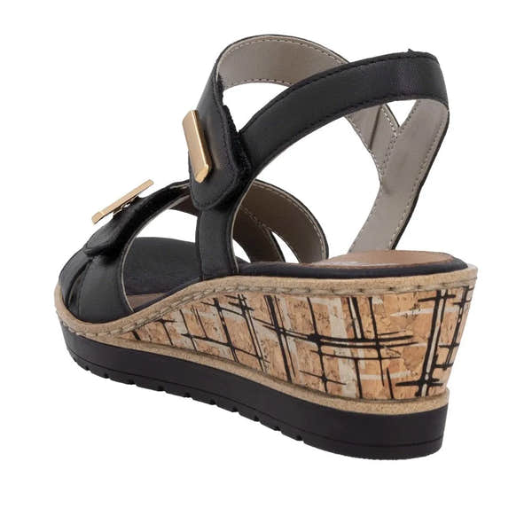 Remonte R6266-00 women's black leather wedge sandals with touch-fastening straps and cork-patterned platform heel.