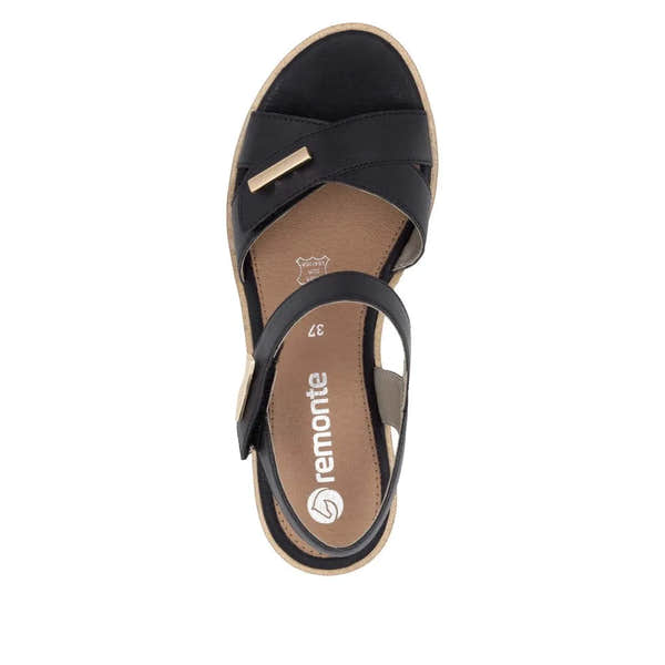 Remonte R6266-00 women's black leather sandals with touch-fastening straps and beige sole, size 37.