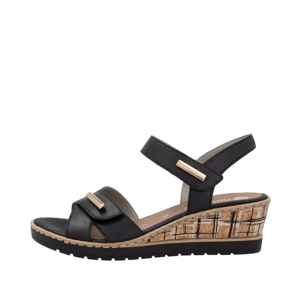 Remonte R6266-00 women's black leather wedge sandals with touch fastening straps and cork-style platform sole.