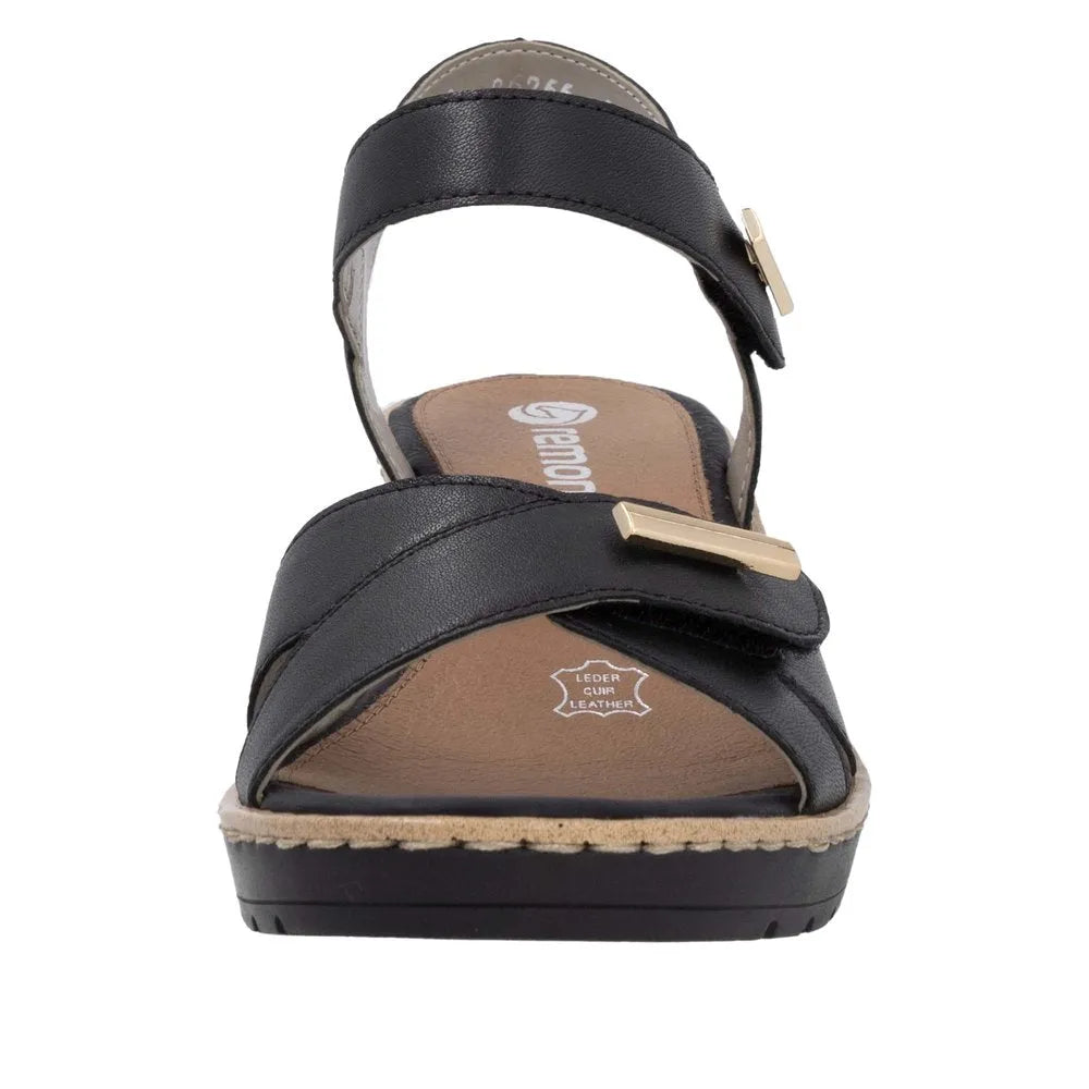 Remonte R6266-00 Ladies Black Leather Sandals with touch fastening and gold accents, featuring leather straps and cushioned footbed.