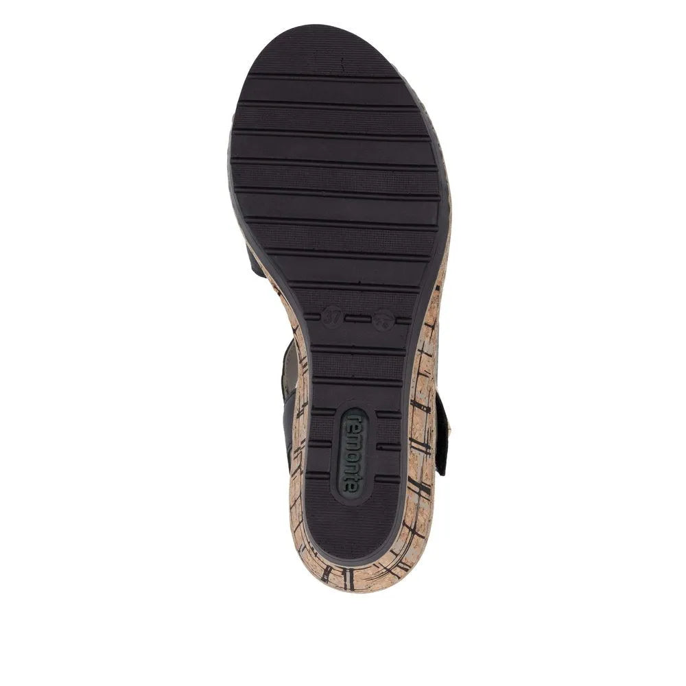 Remonte R6266-00 women's black leather sandals with touch fastenings and a textured sole for comfortable walking.