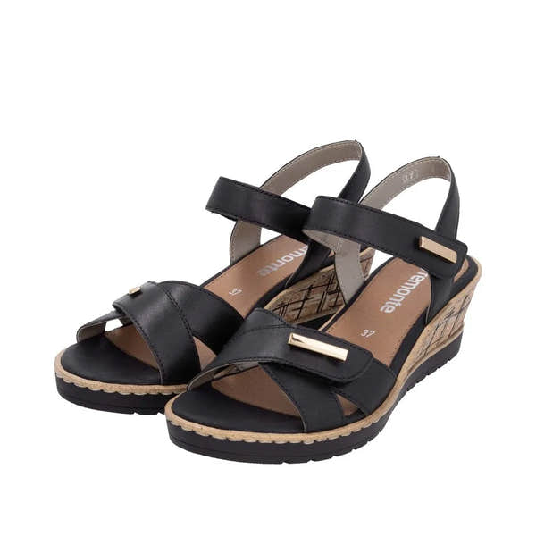 Remonte R6266-00 women's black leather touch-fastening wedge sandals with adjustable straps and cushioned insoles.