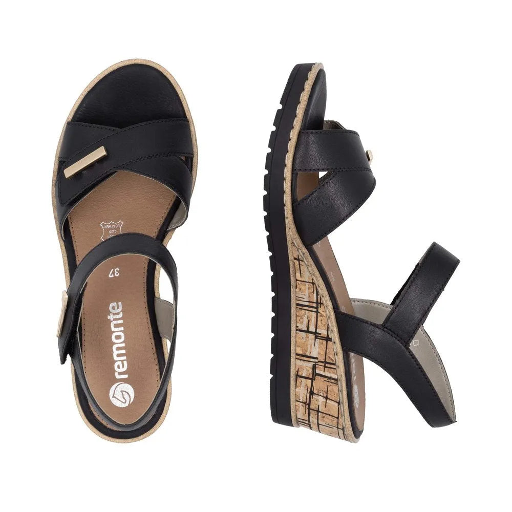 Remonte R6266-00 women's black leather sandals with touch-fastening straps and cork-detail wedge sole.