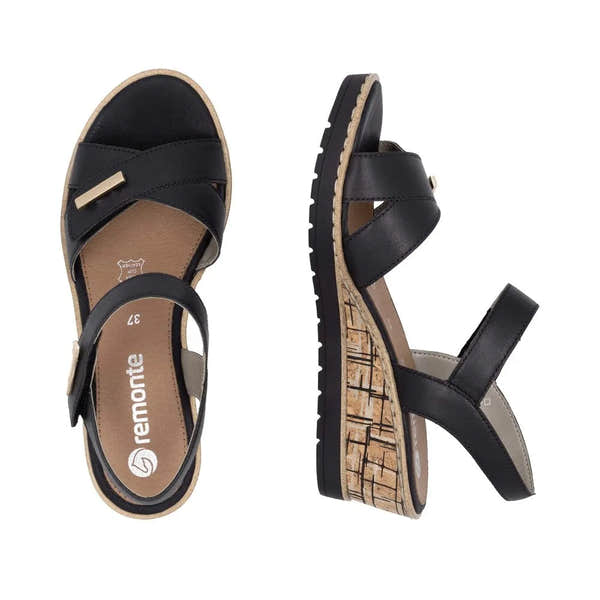 Remonte R6266-00 women's black leather sandals with touch-fastening straps and cork-detail wedge sole.