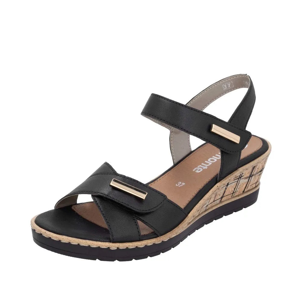 Remonte R6266-00 black leather women's wedge sandals with touch fastening straps and wooden-effect wedge heel.