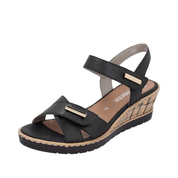 Remonte R6266-00 black leather women's wedge sandals with touch fastening straps and wooden-effect wedge heel.