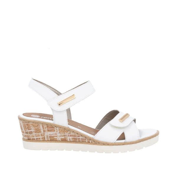 Remonte R6266-80 white leather women's touch fastenings wedge sandals with ankle straps and decorative gold accents.
