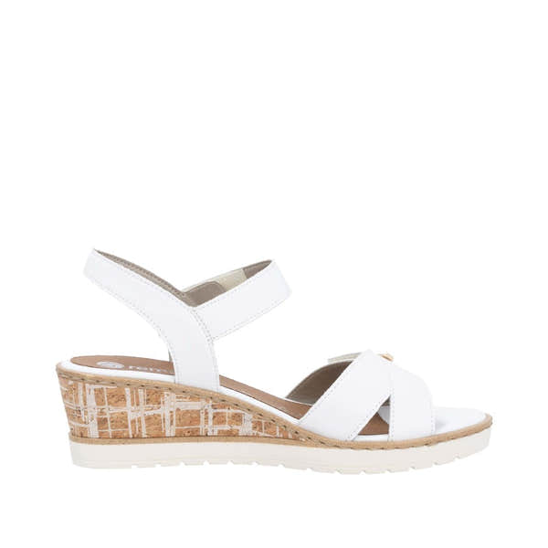 White leather ladies' wedge sandals with touch fastening straps and cork heel.