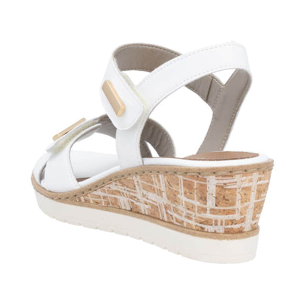 Remonte R6266-80 women's white leather wedge sandals with touch fastenings and woven cork heel.