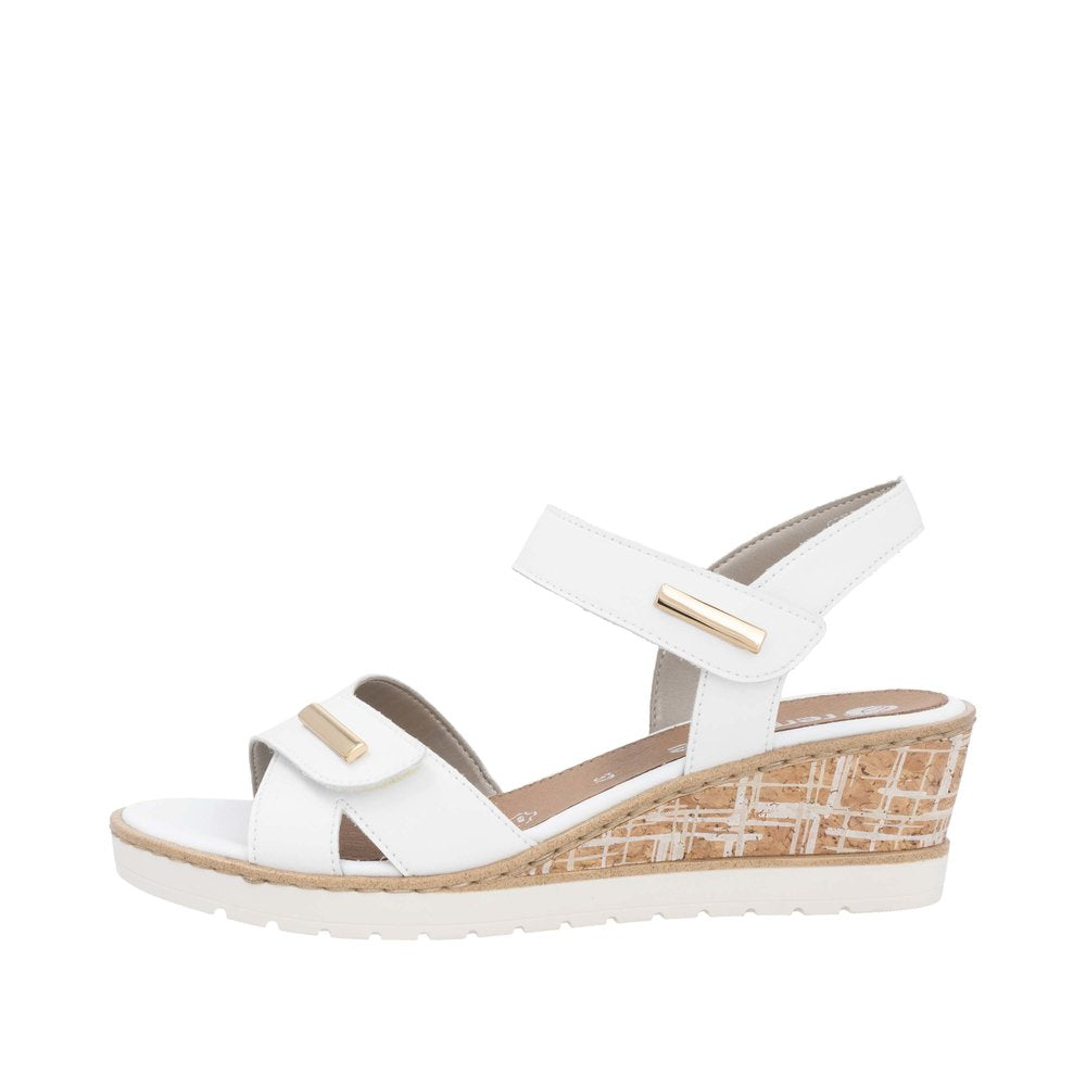 Remonte R6266-80 white leather ladies wedge sandals with touch fastening straps and cork heel.