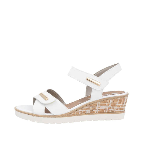 Remonte R6266-80 white leather ladies wedge sandals with touch fastening straps and cork heel.
