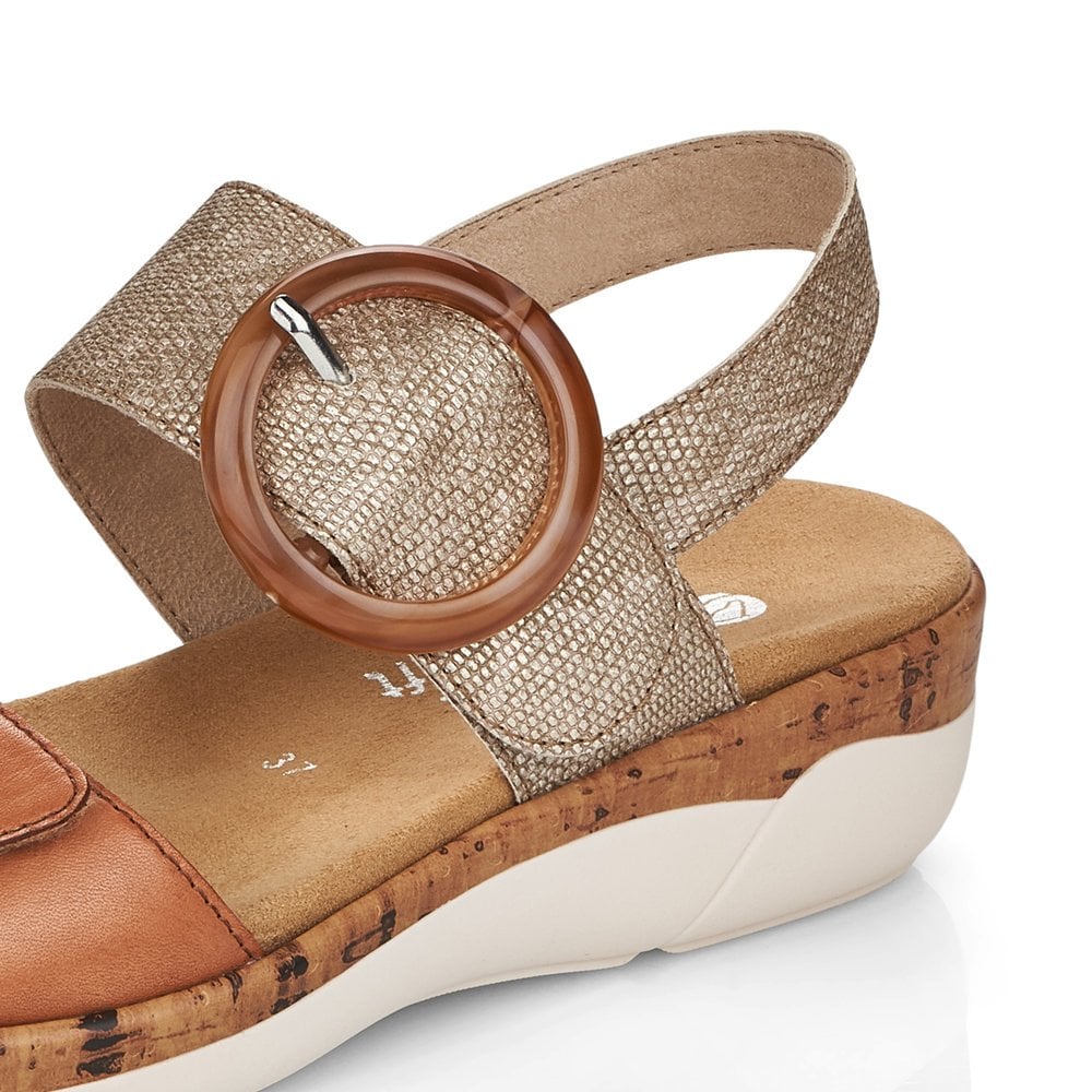 Remonte R6853-90 women's metallic leather sandals with touch fastening, cork wedge heel, beige strap, and round buckle.