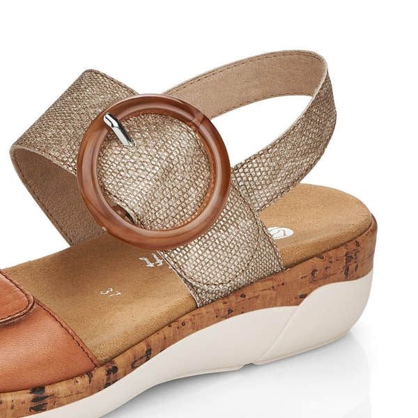 Remonte R6853-90 women's metallic leather sandals with touch fastening, cork wedge heel, beige strap, and round buckle.