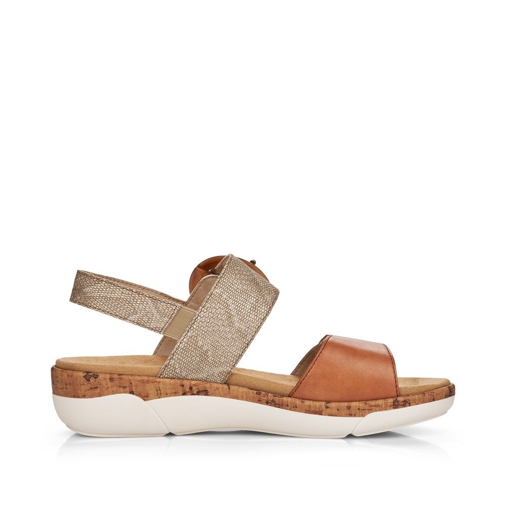 Remonte R6853-90 women's metallic leather touch fastening sandals with cork wedge sole and adjustable strap.